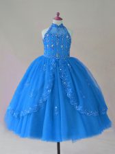  Blue Pageant Dress for Teens Wedding Party with Beading and Appliques High-neck Sleeveless Lace Up