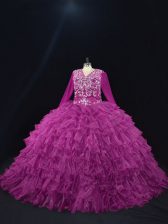 Edgy Purple V-neck Lace Up Beading and Ruffled Layers Sweet 16 Quinceanera Dress Long Sleeves