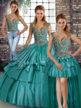  Sleeveless Taffeta Floor Length Lace Up Vestidos de Quinceanera in Teal with Beading and Ruffled Layers