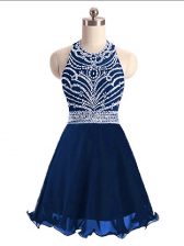Captivating Mini Length Navy Blue Prom Evening Gown Halter Top Sleeveless Lace Up