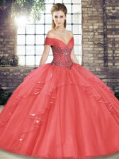  Off The Shoulder Sleeveless Tulle Quinceanera Gown Beading and Ruffles Lace Up
