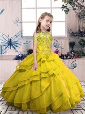Hot Selling Olive Green Sleeveless Floor Length Beading and Ruffled Layers Side Zipper Pageant Gowns For Girls