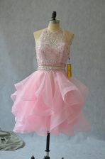 Custom Design Mini Length Backless Prom Evening Gown Baby Pink for Prom and Party with Beading and Ruffles