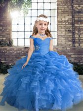 Great Blue Ball Gowns Beading and Ruffles and Pick Ups Pageant Dress for Teens Lace Up Organza Sleeveless Floor Length