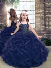 Beautiful Floor Length Ball Gowns Sleeveless Navy Blue Pageant Dress Womens Lace Up