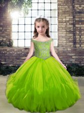 Dazzling Green Ball Gowns Tulle Off The Shoulder Sleeveless Beading Floor Length Lace Up Girls Pageant Dresses