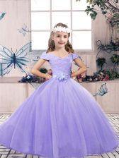  Floor Length Lace Up Pageant Gowns For Girls Lavender for Party and Wedding Party with Lace and Belt
