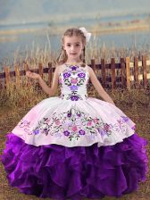  Purple Lace Up Scoop Embroidery and Ruffles Kids Formal Wear Organza Sleeveless