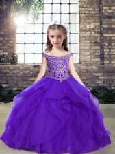 Fancy Organza Scoop Sleeveless Lace Up Beading Little Girl Pageant Gowns in Purple