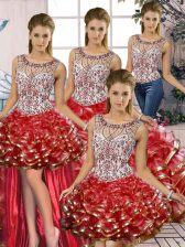  Red Ball Gowns Scoop Sleeveless Organza Floor Length Lace Up Beading and Ruffles Quinceanera Dress