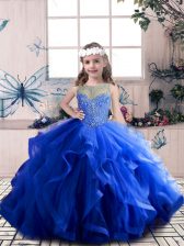 Amazing Scoop Sleeveless Lace Up Little Girl Pageant Dress Royal Blue Tulle