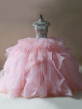  Sleeveless Tulle Brush Train Lace Up Quinceanera Dress in Pink with Beading and Ruffles