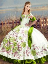Customized Olive Green Satin Lace Up Off The Shoulder Sleeveless Floor Length Quinceanera Gown Embroidery
