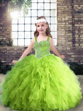 Best Tulle Straps Sleeveless Lace Up Beading and Ruffles Kids Pageant Dress in 