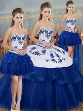  Royal Blue Ball Gowns Sweetheart Sleeveless Tulle Floor Length Lace Up Embroidery and Bowknot Quinceanera Dress