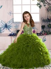  Olive Green Sleeveless Floor Length Beading and Ruffles Lace Up High School Pageant Dress
