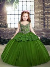  Floor Length Lace Up Little Girls Pageant Dress Wholesale Green for Party and Wedding Party with Beading