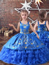 Excellent Royal Blue Sleeveless Embroidery and Ruffled Layers Floor Length Little Girl Pageant Dress