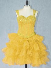  Gold Organza Lace Up Straps Sleeveless Mini Length Prom Dresses Beading and Ruffled Layers
