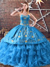 Beauteous Blue Sleeveless Embroidery and Ruffled Layers Floor Length Quinceanera Dresses