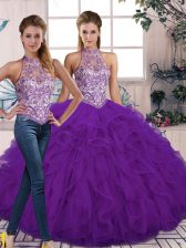 Top Selling Purple Tulle Lace Up Halter Top Sleeveless Floor Length Ball Gown Prom Dress Beading and Ruffles