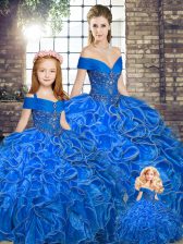  Royal Blue Off The Shoulder Neckline Beading and Ruffles Sweet 16 Dress Sleeveless Lace Up