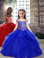  Floor Length Royal Blue Pageant Gowns For Girls Organza Sleeveless Beading