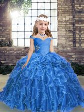  Blue Ball Gowns Beading and Ruffles Pageant Gowns For Girls Lace Up Organza Sleeveless Floor Length
