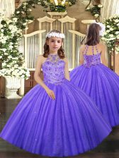High Quality Floor Length Lavender Girls Pageant Dresses Halter Top Sleeveless Lace Up