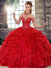 Dynamic Red Lace Up Halter Top Beading and Ruffles Quince Ball Gowns Tulle Sleeveless