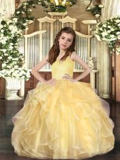 Modern Straps Sleeveless Lace Up Little Girls Pageant Gowns Gold Organza