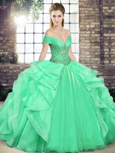  Off The Shoulder Sleeveless Lace Up Sweet 16 Quinceanera Dress Apple Green Organza