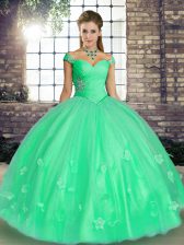 Adorable Turquoise and Apple Green Tulle Lace Up Off The Shoulder Sleeveless Floor Length Quince Ball Gowns Beading and Appliques