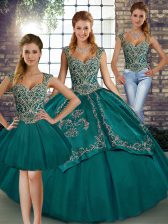 Low Price Tulle Straps Sleeveless Lace Up Beading and Embroidery Sweet 16 Quinceanera Dress in Teal 