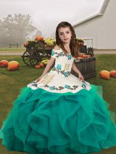  Embroidery Little Girl Pageant Gowns Teal Lace Up Sleeveless Floor Length