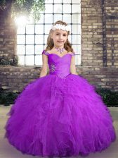  Purple Tulle Lace Up Straps Sleeveless Floor Length Little Girls Pageant Gowns Beading and Ruffles