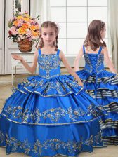 Royal Blue Little Girl Pageant Dress Wedding Party with Embroidery and Ruffled Layers Straps Sleeveless Lace Up