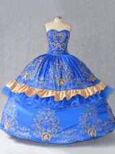High End Blue Ball Gowns Sweetheart Sleeveless Satin and Organza Floor Length Lace Up Embroidery and Bowknot Sweet 16 Quinceanera Dress