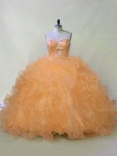 Super Orange Ball Gowns Sweetheart Sleeveless Organza Lace Up Beading and Ruffles Ball Gown Prom Dress