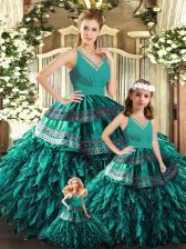 Deluxe Turquoise Organza Backless V-neck Sleeveless Floor Length Quinceanera Gown Appliques and Ruffles
