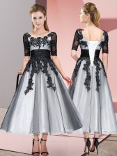  Short Sleeves Beading and Lace Lace Up Dama Dress for Quinceanera