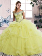  Yellow Sleeveless Floor Length Beading and Ruffles Lace Up Ball Gown Prom Dress