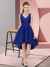  Royal Blue Zipper V-neck Lace Dama Dress for Quinceanera Lace Sleeveless
