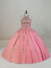 Adorable Pink Ball Gowns Tulle Halter Top Sleeveless Appliques and Embroidery Lace Up Quinceanera Gowns Brush Train