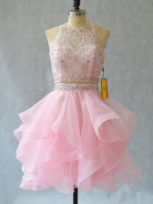  Baby Pink Two Pieces Halter Top Sleeveless Tulle Mini Length Backless Beading and Ruffles Prom Evening Gown