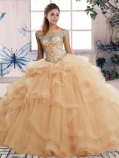 Latest Floor Length Champagne Vestidos de Quinceanera Off The Shoulder Sleeveless Lace Up