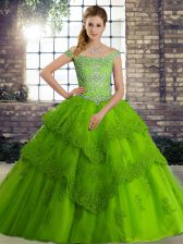 Elegant Green Ball Gown Prom Dress Off The Shoulder Sleeveless Brush Train Lace Up