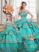 Hot Selling Sleeveless Organza Floor Length Lace Up Sweet 16 Dress in Aqua Blue with Embroidery and Ruffled Layers