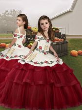 Dramatic Wine Red Straps Lace Up Embroidery Kids Formal Wear Sleeveless