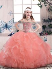 Latest Sleeveless Floor Length Beading and Ruffles Lace Up Little Girl Pageant Gowns with Watermelon Red